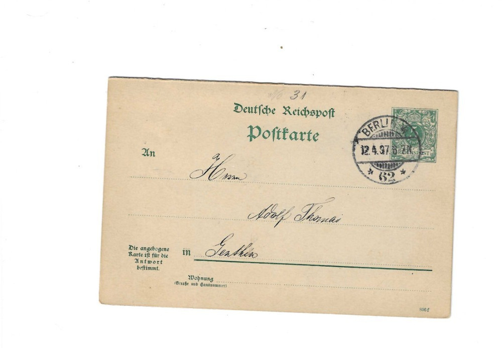GERMANY 1897 Post Card (with Reply Card) sent from Berlin to Genthin