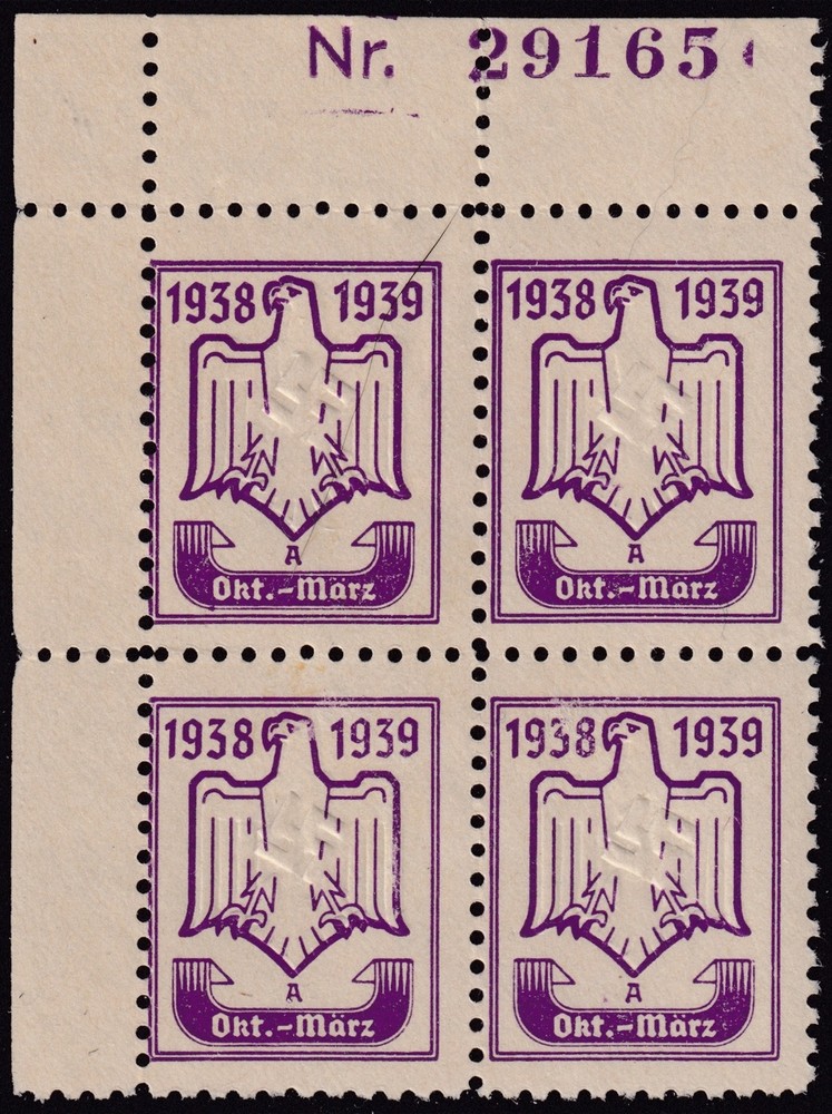 Stamp Germany Revenue Block Plate WWII 3rd Reich DRL Sport 1938-39 Oct Mar MNH