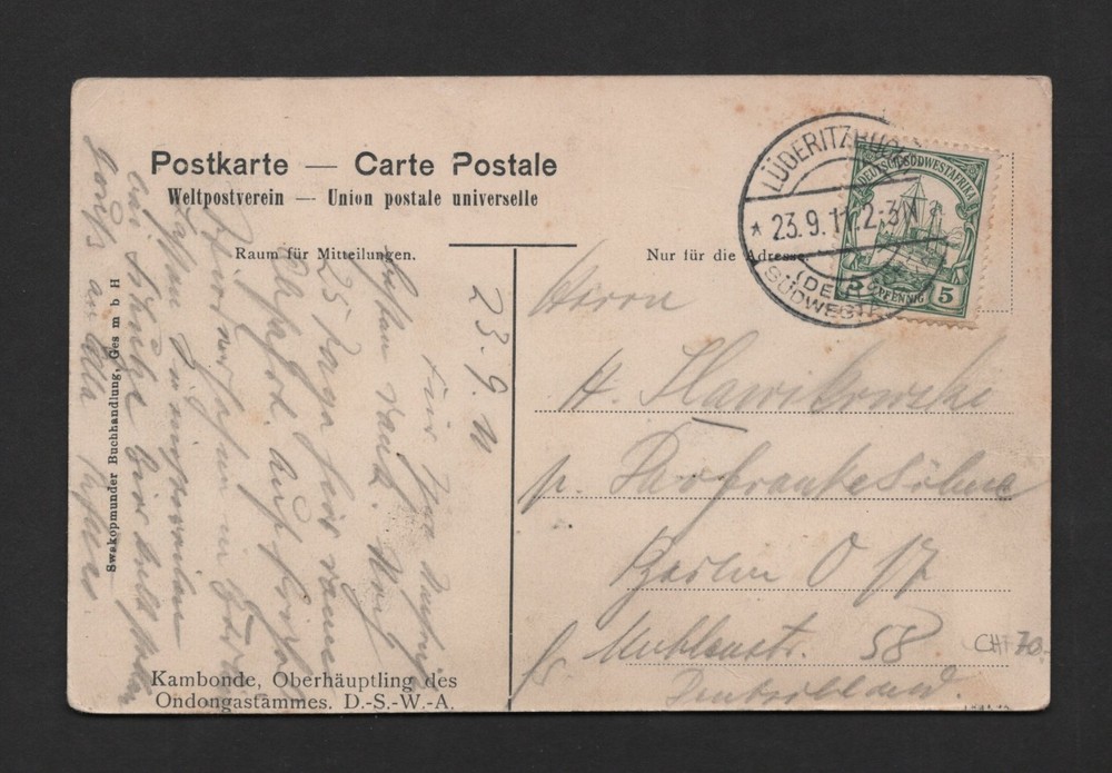 GERMANY SOUTH WEST AFRICA 1911 LUDERITZ (NOW NAMIBIA) TYING 5PF. ON POST CARD