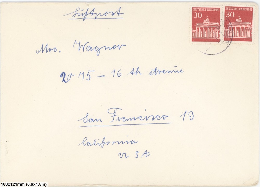 Germany Airmail Cover 60pf Brandenburg Gate To USA San Francisco 1960s