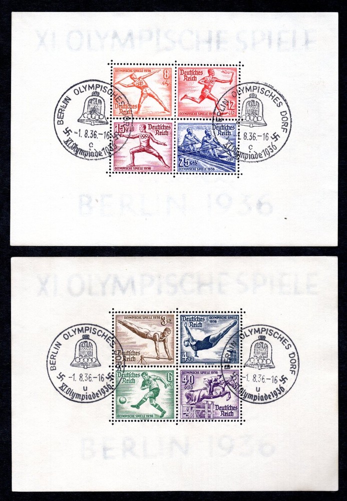 GERMANY 1936 TWO OLYMPIC SOUVENIR SHEETS WITH FDC CANCELS SC. #B91–B92 NH
