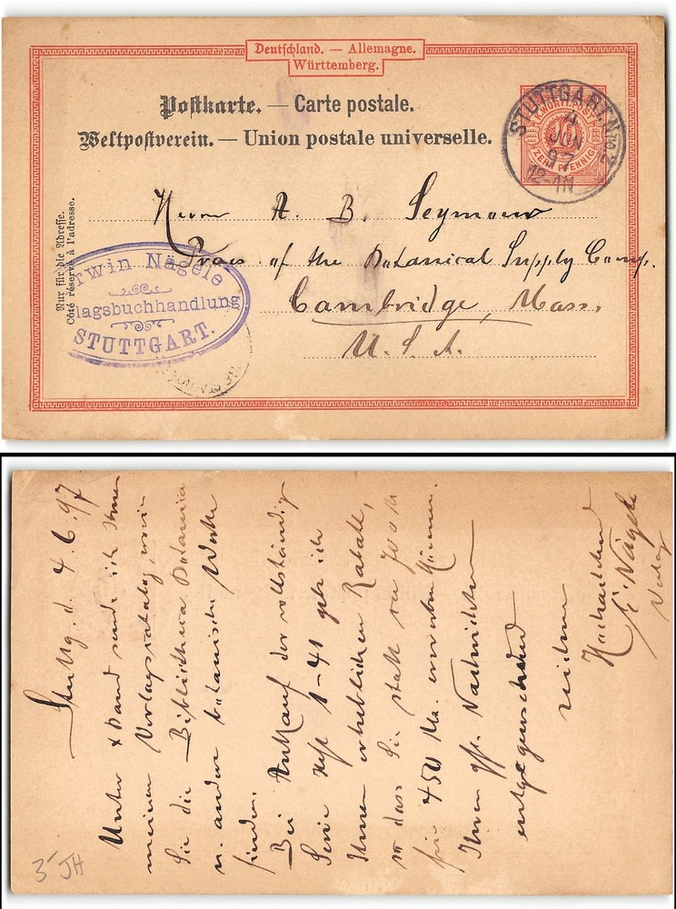 postal card, Stuttgart, 1897, to Cambridge MA