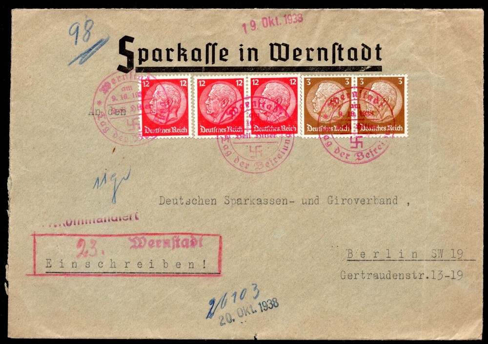 GERMANY 1938 BERNSTADT TO BERLIN FRANKED PRESIDENT HINDENBURG TIED 3 CANCELS