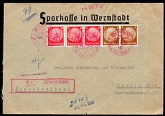 GERMANY 1938 BERNSTADT TO BERLIN FRANKED PRESIDENT HINDENBURG TIED 3 CANCELS