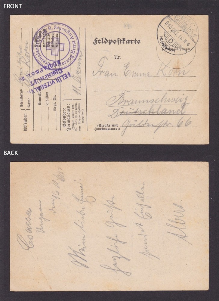 GERMANY 1916, Fieldpost card, Hospital of Duke Ernest Augustus, WWI