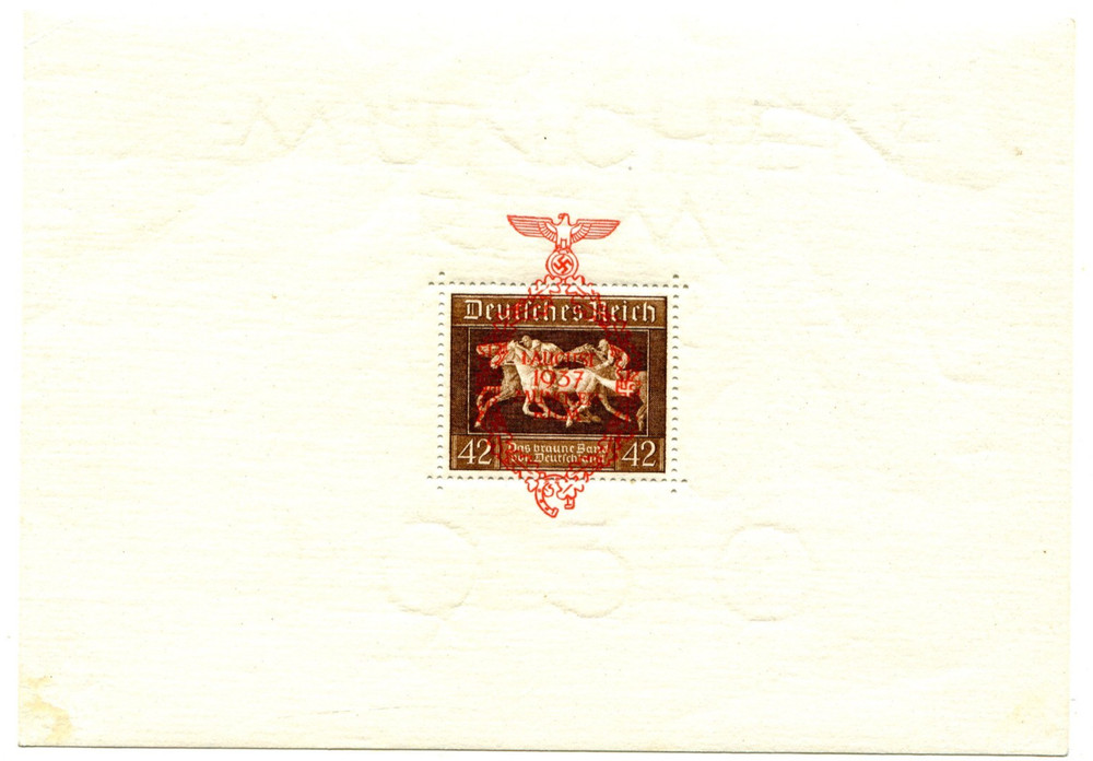 GERMANY 1937 BROWN RIBBON MINIATURE SHEET O/P IN RED MUNICH – REIM….LMM