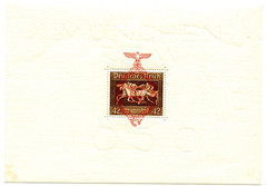 GERMANY 1937 BROWN RIBBON MINIATURE SHEET O/P IN RED MUNICH – REIM….LMM