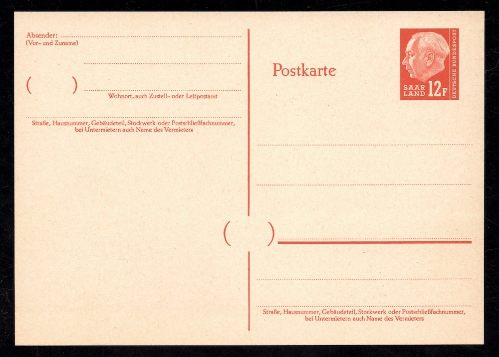 1957 Germany Saar Land postal stationery card 12 F unused