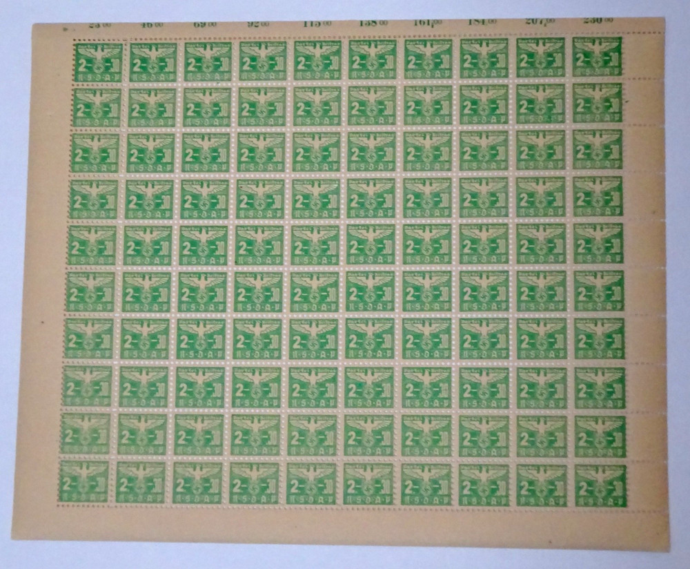 German 3RD reich NSDAP 2-30 Party dues mint sheet 100 stamps 1940s green oop