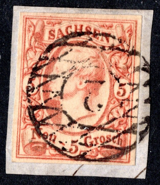 GERMANY SAXONY 1860 SCOTT #13a ORANGE BROWN USED 4 CLEAR MARGINS TIED