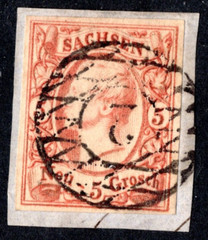 GERMANY SAXONY 1860 SCOTT #13a ORANGE BROWN USED 4 CLEAR MARGINS TIED