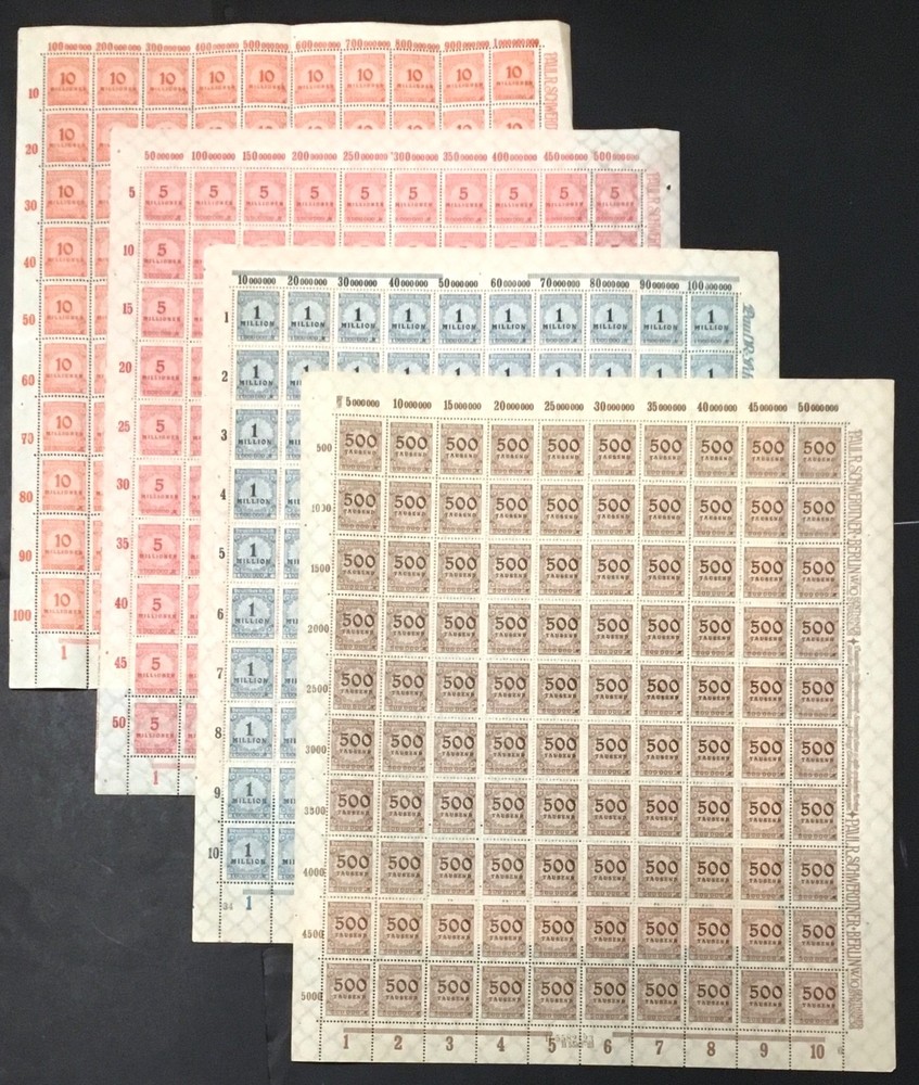4 GERMANY INFLATION SHEETS: 500,000, 1, 5, 10 Million Marks Full Sheets MNH