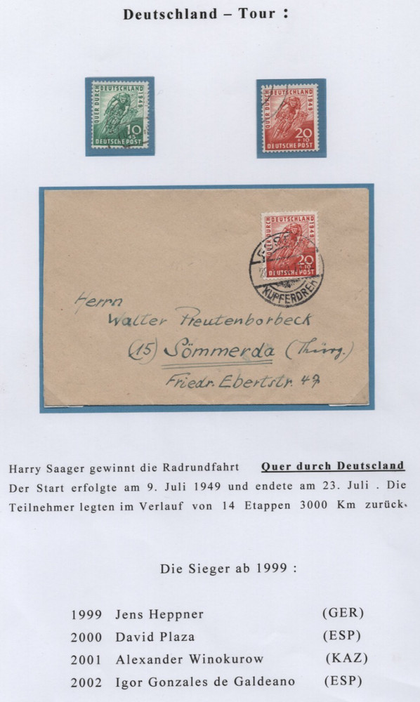 GERMANY 1949 SC. #B304-B305 USED & B305 TIED ON COVER THE TOUR DE FRANCE