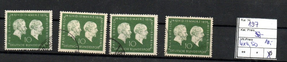 Germany 4 x MiNo 197 Prof. Paul Ehrlich and Emil von Behring used