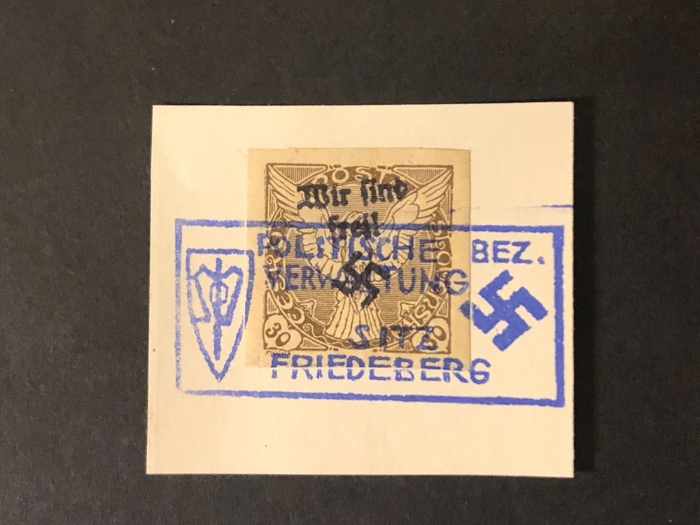 SUDETENLAND WWII-GERMAN OCC. Local ovpt FRIEDEBERG Ble stamp, on pap. 30 h. #c25