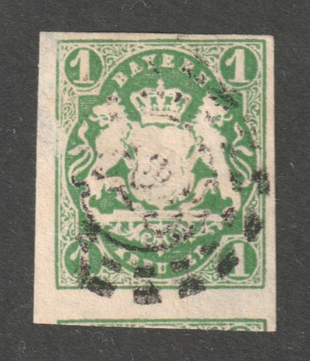 Bavaria, Scott # 15, Used, F, 1kr Coat of Arms, Silk Thread, SOTN Station Cancel