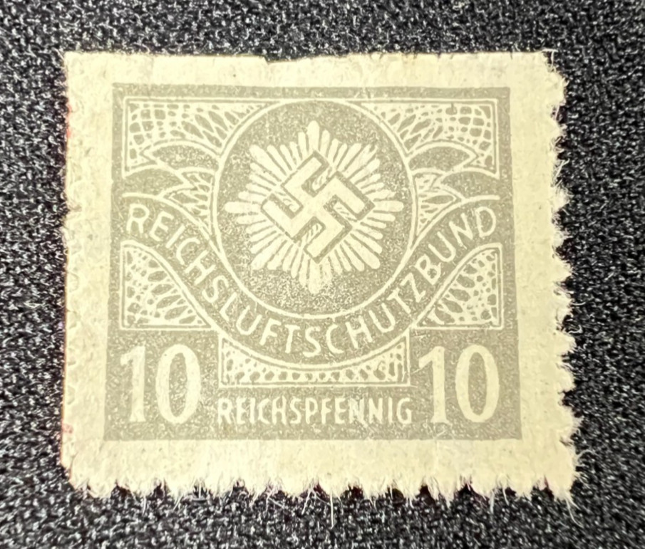 1940s German Luftschutz 10 Rpf Reichsluftschutzbund Stamp Gray WWII Revenue