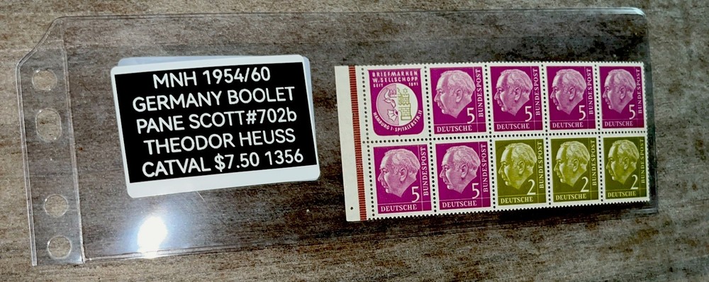 MNH 1954/60 GERMANY BOOLET PANE SCOTT#702b THEODOR HEUSS CATVAL $7.50 1356
