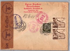 GERMANY 1940 WWII REG CENSORED COVER MULT FRANKING ADDR USA POSTMARK KARLSRUHE