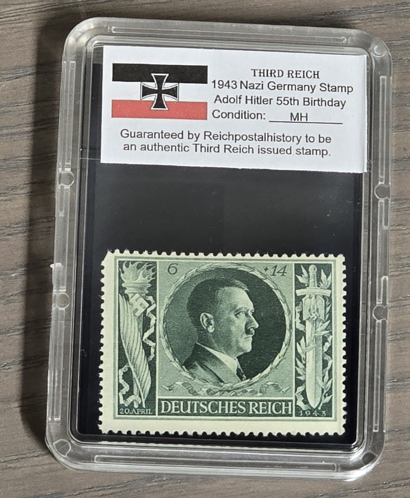 Third Reich WWII Nazi German Adolf Hitler 55th Birthday Stamp 1943 w slab case