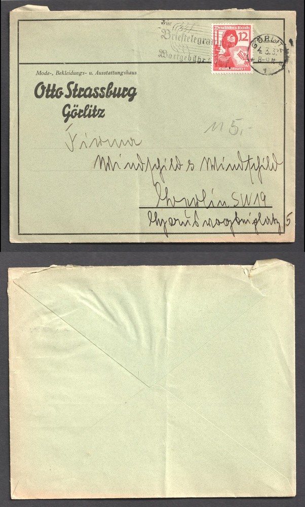 Germany 1937 Gorlitz Nazi Cover. 12pf Air defense. Reverse is blank