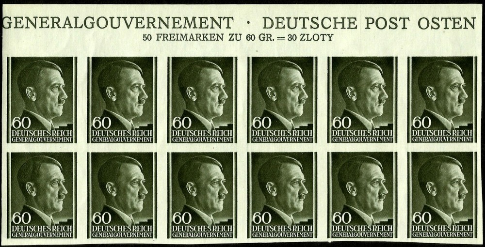 III REICH, GENERALGOUVERNEMENT, ADOLF HITLER, 60 GR., UNPERF., BLOC OF 12, MNH