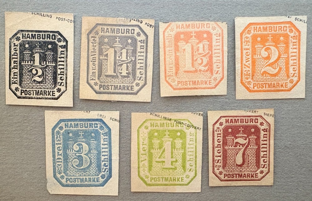 German State Hamburg Reprint Value Numerals on Arms Cut Square Stamps
