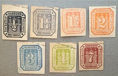 German State Hamburg Reprint Value Numerals on Arms Cut Square Stamps