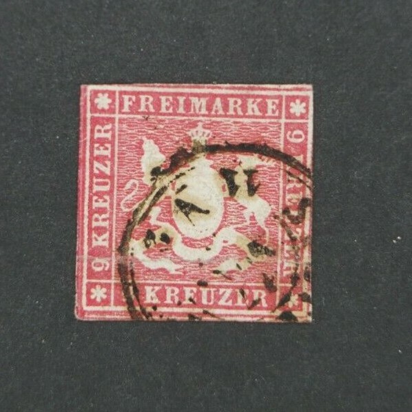 GERMANY Wurttemberg Coat of Arms 9 Kreuzer purple red Stamp 1857