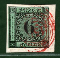 Germany BADEN 1851 6kr RED *154* Walldurn Numeral Piece Scott.3var ORANGE349