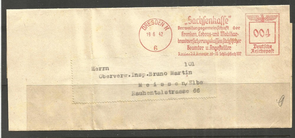 🤩 🤩 OSBURGH – GERMANY. 1943. WRAPPER. DRESDEN. SACHSENKAFFE RED MACHINE CANCEL