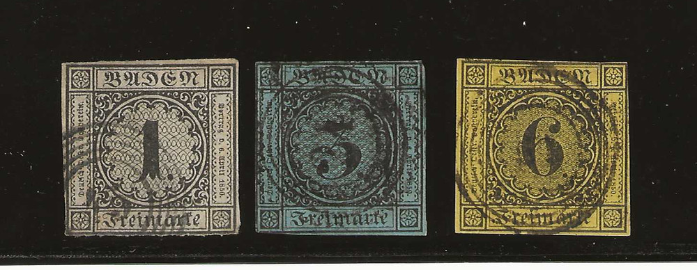 Germany Baden Scott #6, #8, #9, used 1853-58 numerals, imperf, nice cancels f/vf