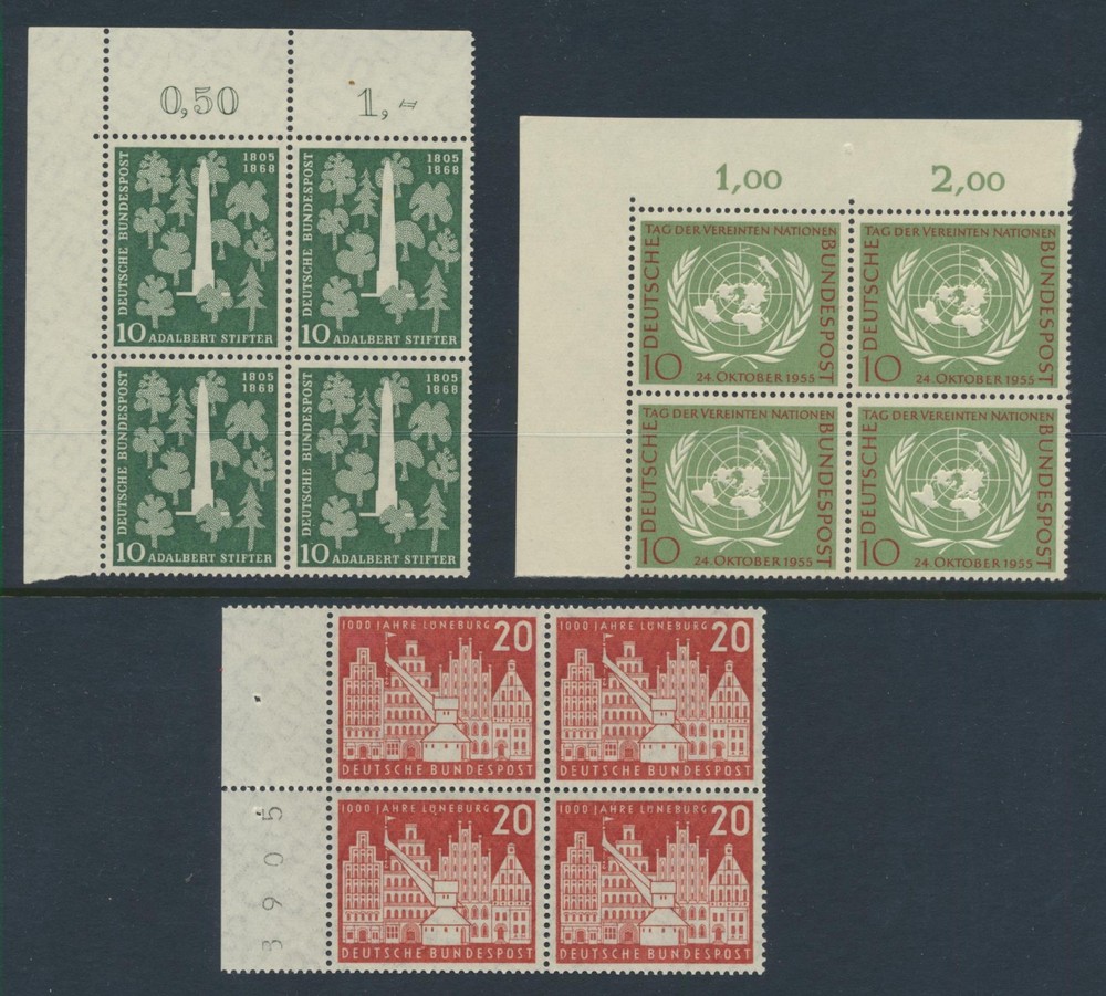 Germany 736, 736, 741 1955-56 Stifter UN Luneburg margin numeral blocks VF NH