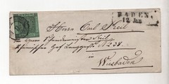 GERMANY 1851 BADEN SCOTT #3a TIED ON COVER TO WIESBADEN VIA FRANKFURT