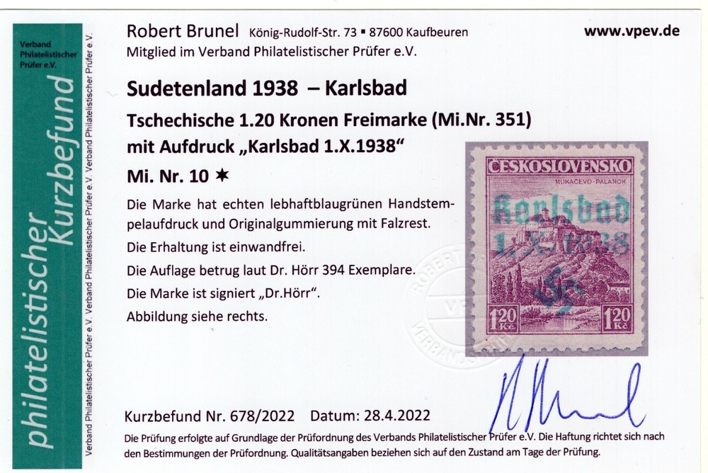 GERMANY OCCUPATION SUDETENLAND KARLSBAD MICHEL 10 BRUNEL CERT PERFECT MH