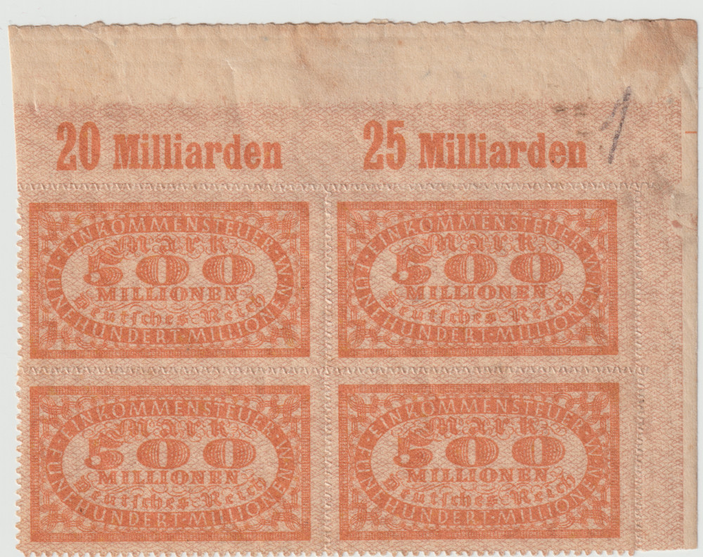 Germany 1900-20s Weimar Republic 3rd Reich 500Mill Revenue Corner Block Of 4 MNH