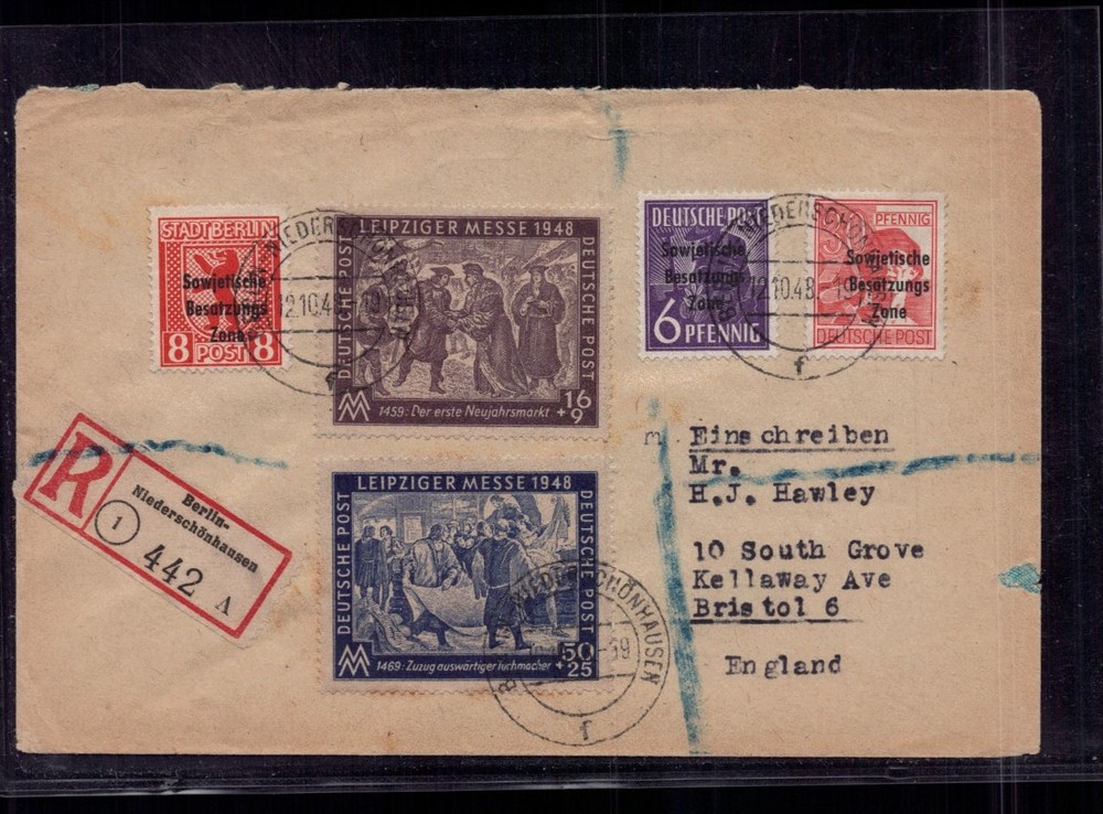 Allied occupation SBZ registered cover Berlin to Bristol England 1948