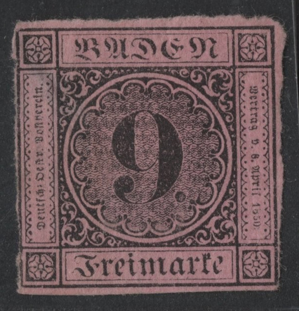 GERMANY 1851 SCOTT #4A NINE KR. UNUSED NO GUM THIN PAPER ALSO HAS A THIN
