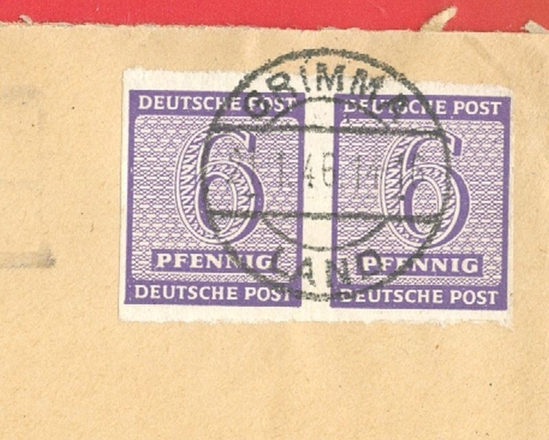 Germany West SAXONY 6 Pf Imperf Pair used on GRIMMA Cancel cover 1946