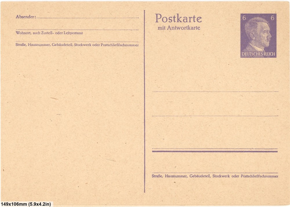(2) German Reich 6pf Reply Postal Card Stationary Pair Unused WWII 1940s