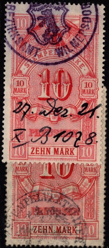 Prussia 1900s 10m Revenues (2x) Used / Wmk Cross & Circle – S46863