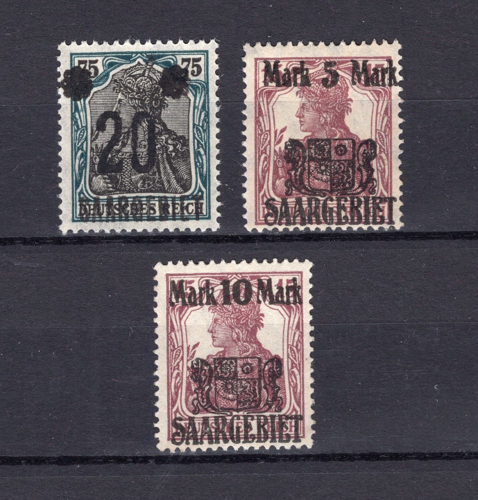 GERMANY SAAR SAARGEBIET 1921 GERMANIA OVERPRINTS SCOTT 65-67 PERFECT MNH