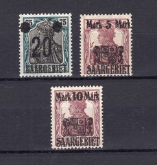 GERMANY SAAR SAARGEBIET 1921 GERMANIA OVERPRINTS SCOTT 65-67 PERFECT MNH