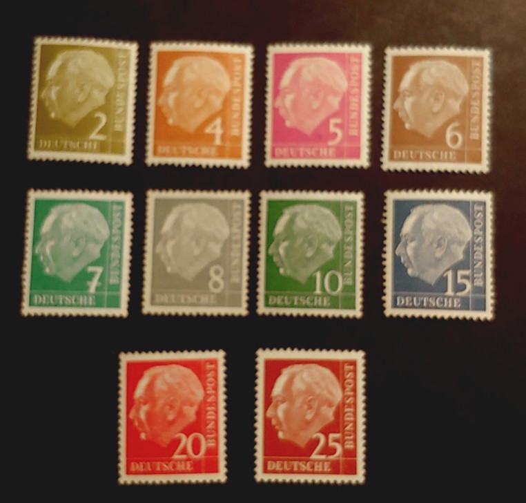 1955 HEUSS 2PF-25PF GERMANY DEUTSCHLAND VF MNH K6