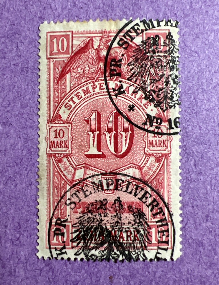 Germany – Used 10 Mark Fiscal Tax Stamp. Nice Clear Postmarks.