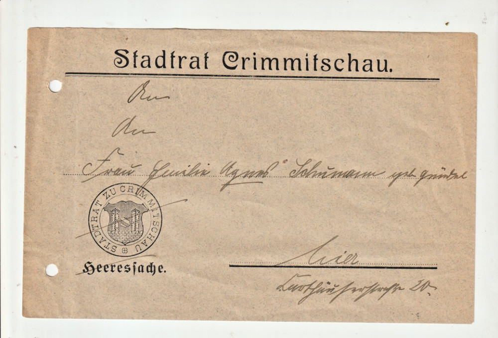 Germany Postal History STADTRAT CRIMMITSCHAU Saxony City Council Official Cover