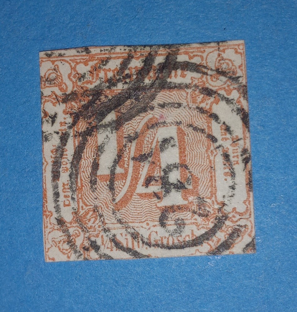 + 1860 Thurn and Taxis German States #8 A1 1/4gr 281-Arnstadt,Thuringia Imperf.