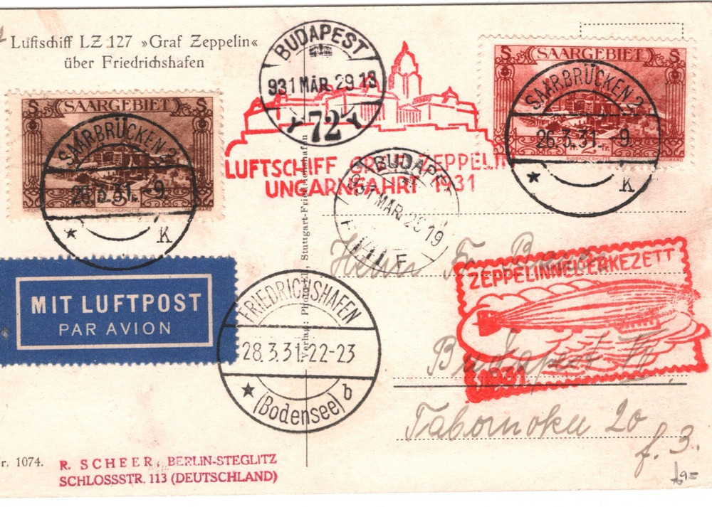 GRAF ZEPPELIN *SAAR* Air Mail Card UNGARNFAHRT 1931 Hungary Budapest KZ37