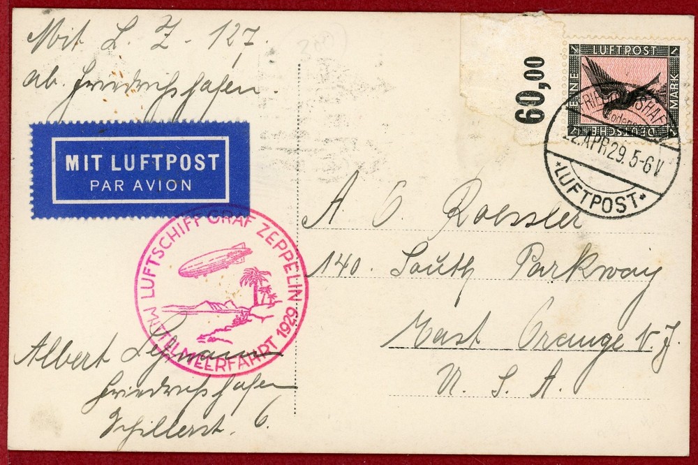 Germany 1929, 1m on Postcard, Graf Zeppelin Flight, Fried. to US Via Seville