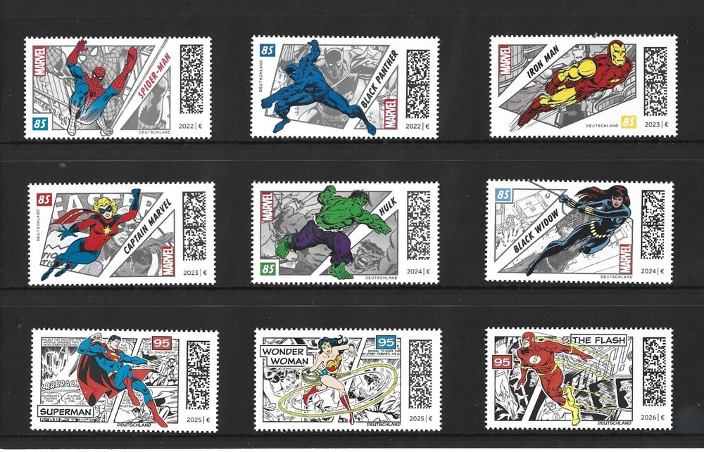 Germany 2022, 2023, 2024, 2025, 2026 Marvel & DC Super Heroes – 9 MNH Stamps!